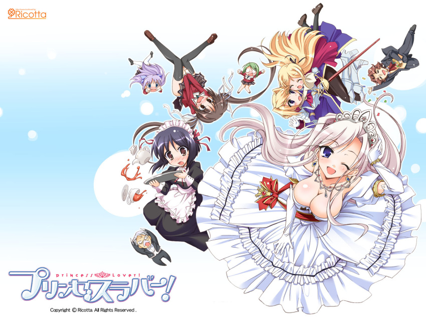 alfred_(princess_lover), black_hair, blonde_hair, blue_hair, breasts, brown_hair, charlotte_hazellink, chibi, cleavage, dress, earrings, everyone, fujikura_yuu, green_hair, highres, houjouin_seika, jewelry, komori_kei, large_breasts, lavender_hair, long_hair, maid, necklace, pink_hair, princess_lover, school_uniform, silver_hair, silvia_van_hossen, skirt, spill, teapot, tiara, twintails, wallpaper, wink