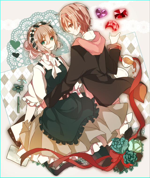 1boy, 1girl, bimi_(mgk), brown_eyes, brown_hair, flower, green_eyes, hairband