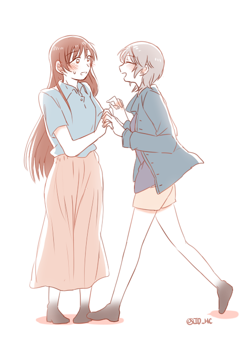 2girls, anastasia_(idolmaster), bowwow_(hamju94), brown_eyes, brown_hair, growth, holding_hands, idolmaster