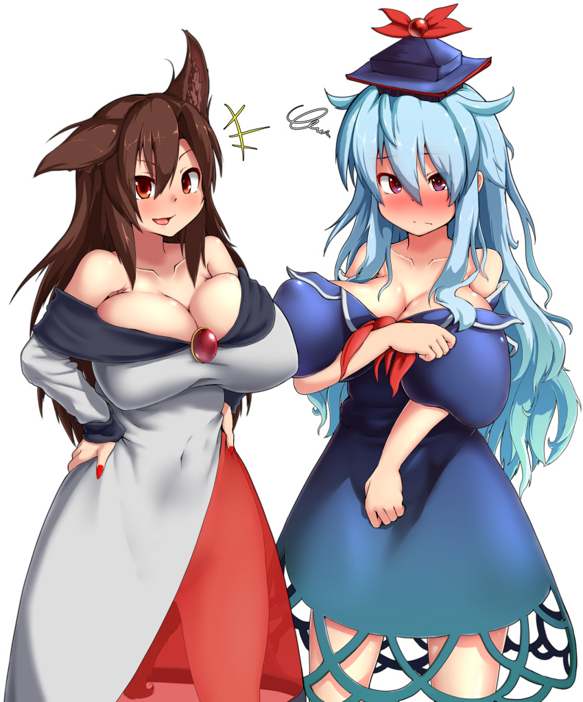 2girls, animal_ears, bare_shoulders, blue_hair, blush, bow, breast_hold, breasts