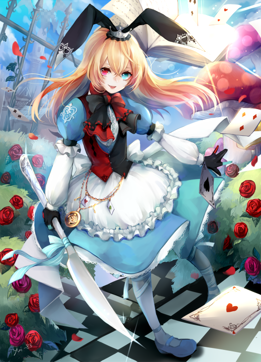 1girl, alice_in_wonderland, animal_ears, aqua_eyes, blonde_hair, book, card, checkered