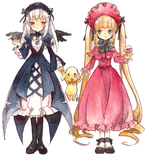 blonde_hair, blue_eyes, bonnet, cup, dress, drill_hair, frills, hairband