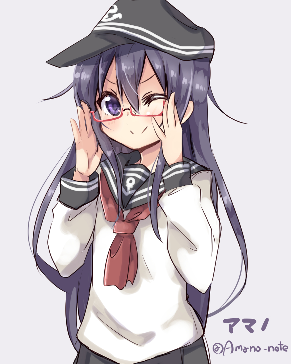 1girl, ;>, akatsuki_(kantai_collection), amano_kouki, anchor_symbol, glasses, highres, kantai_collection