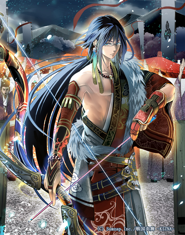1boy, arrow, banner, battle_standard, blue_eyes, blue_hair, bow_(weapon), copyright_request, earrings, feathers, fur_trim, glasses, gloves, japanese_clothes, jewelry, long_hair, looking_at_viewer, necklace, official_art, original, ponytail, shiroton_(kazamineko), solo, weapon