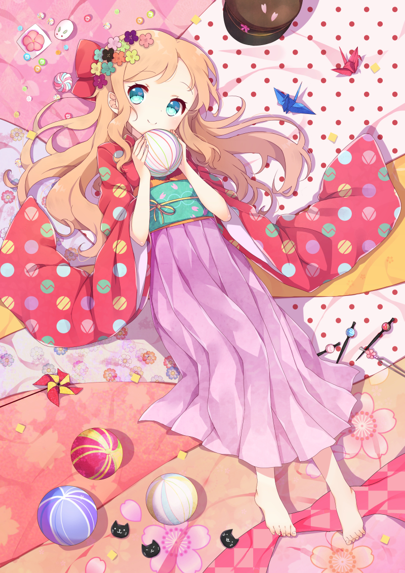 1girl, ball, barefoot, blue_eyes, flower, hair_flower, hair_ornament, hair_ribbon