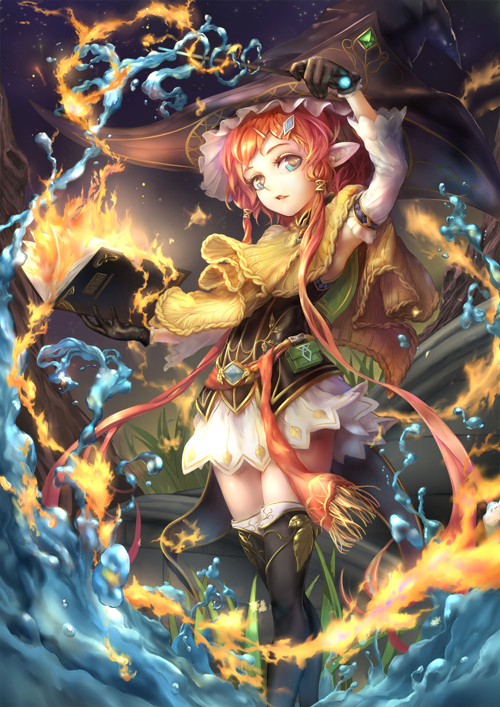 1girl, black_gloves, black_legwear, blue_eyes, book, capelet, flame, gloves