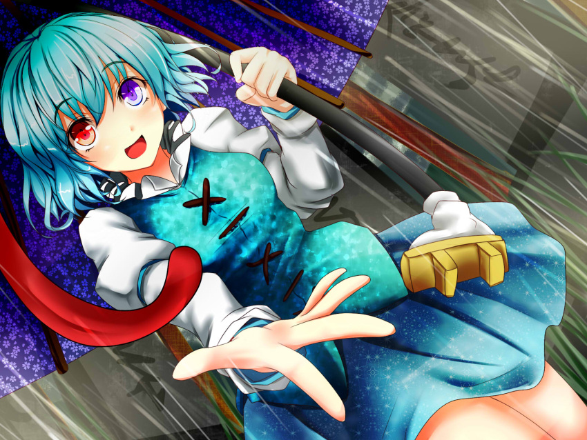 1girl, blue_hair, commentary_request, fukunaga_kazuhiro, heterochromia, highres, juliet_sleeves, karakasa_obake