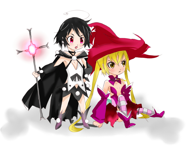 2girls, ahoge, arm_support, black_hair, blonde_hair, cape, chibi, choker