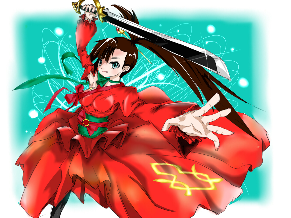1girl, asymmetrical_clothes, black_hair, dress, folded_ponytail, green_eyes, hair_ornament, kanzashi
