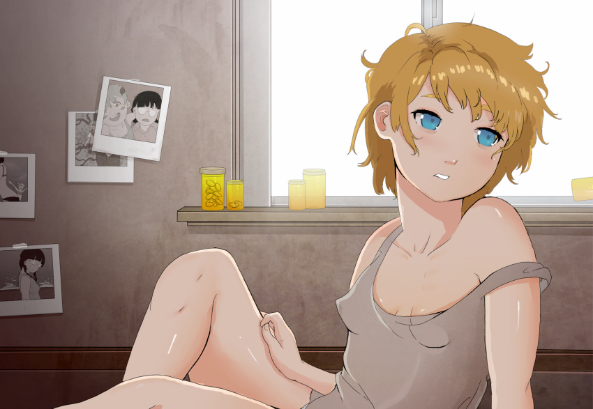 1girl, blue_eyes, character_request, copyright_request, highres, ichigo_milku, medicine_bottle, messy_hair, photo_(object), pill, polaroid, short_hair, small_breasts, solo, strap_slip, window