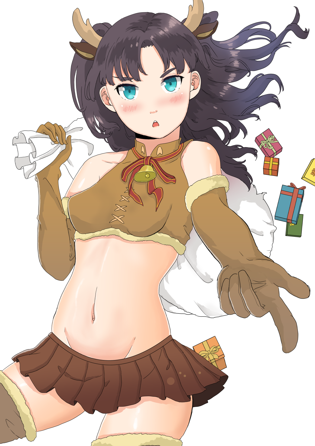 1girl, animal_costume, animal_ears, bell, blue_eyes, blush, brown_hair, christmas