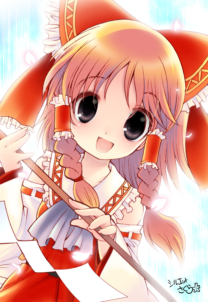 black_eyes, bow, braid, brown_hair, detached_sleeves, gohei, hair_bow, hakurei_reimu