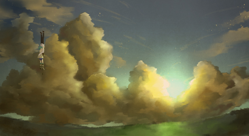 1boy, 1girl, clouds, eiji_(sakasama_no_patema), green_hair, highres, ichigo_milku, patema