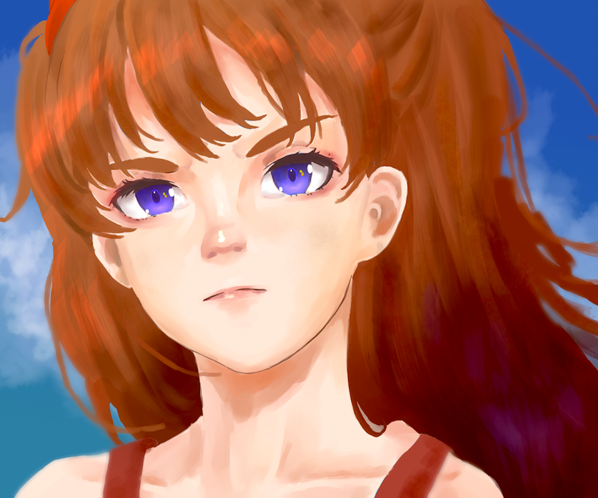 1girl, blue_eyes, clouds, ichigo_milku, long_hair, looking_at_viewer, neon_genesis_evangelion, redhead