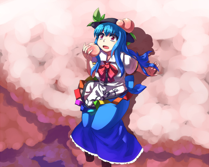 blue_hair, boots, cloud, clouds, food, fruit, hat, hinanawi_tenshi
