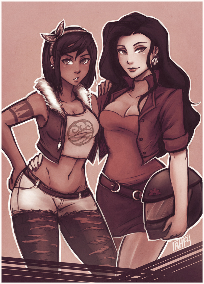 2girls, alternate_hair_length, alternate_hairstyle, asami_sato, avatar_legends, black_hair, bob_cut, breasts, cleavage, couple, dark_skin, earrings, eyebrows, eyeshadow, fur_trim, hair_ornament, hairband, headwear_removed, helmet, helmet_removed, hip_bones, hip_lines, iahfy, jacket, jewelry, korra, long_hair, makeup, midriff, multiple_girls, navel, pantyhose, rosy_cheeks, short_hair, short_shorts, shorts, sketch, skirt, standing, tagme, tattoo, the_legend_of_korra, thick_thighs, thighs, torn_clothes, torn_pantyhose, vest, yuri