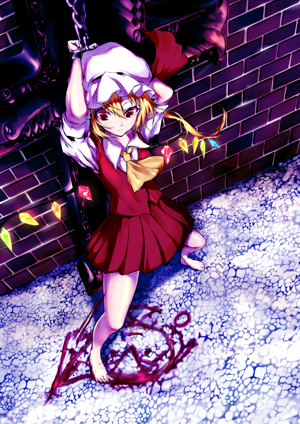 1girl, ascot, barefoot, blonde_hair, blood, blood_writing, bloody_feet, bow
