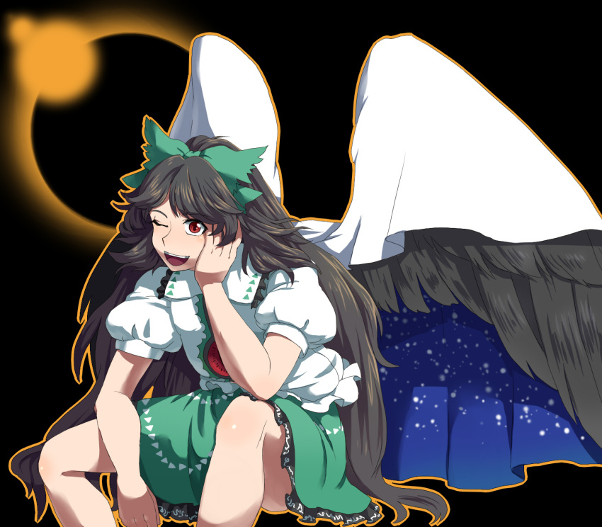 black_hair, black_wings, bow, eyes, highres, long_hair, mizu_mochi, red_eyes