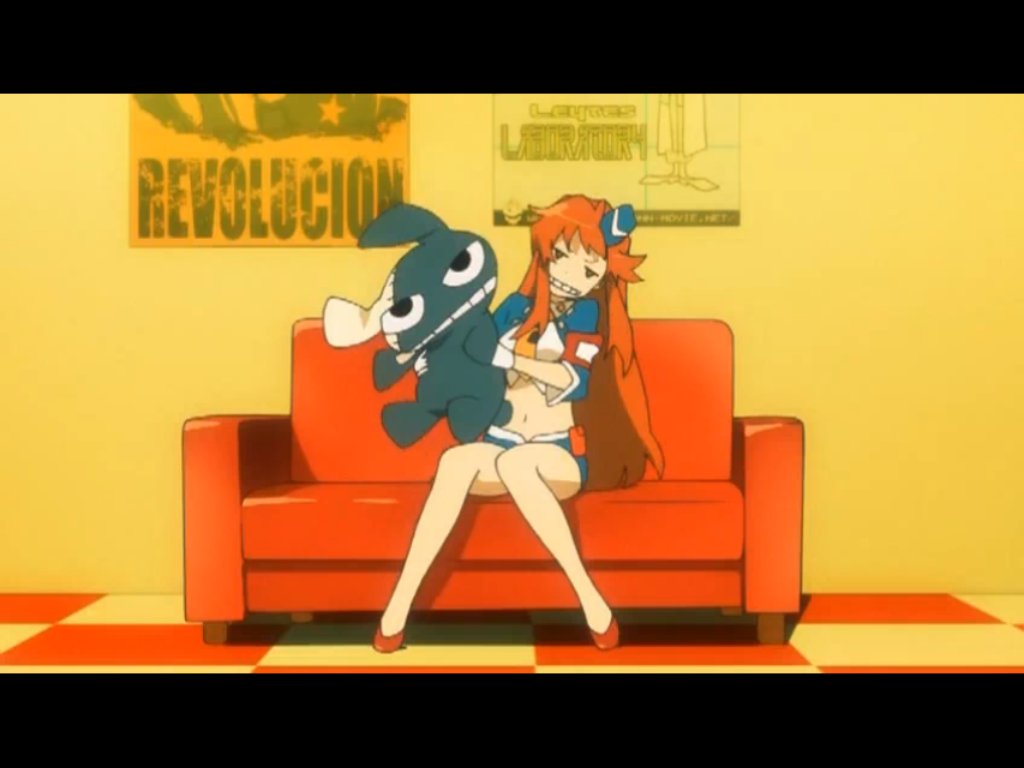 ad, belly_button, couch, funny_face, grin, hat, jpeg_artifacts, long_hair, midriff, mocking, redhead, sitting, stuffed_animal, tengen_toppa_gurren_lagann, yoko_ritona