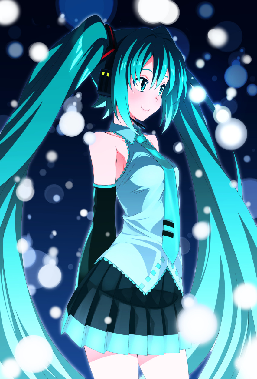 1girl, absurdres, aqua_eyes, aqua_hair, arms_behind_back, bare_shoulders, detached_sleeves, from_side