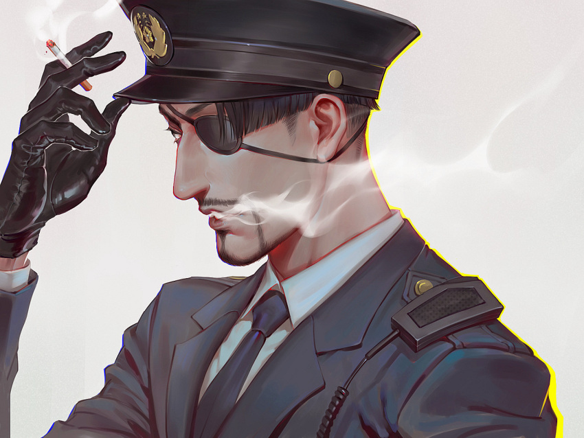 1boy, axis04, beard, black_gloves, black_hair, cigarette, close-up, eyepatch, facial_hair, from_side, gloves, hat, majima_gorou, male_focus, necktie, open_mouth, police, police_uniform, radio, ryuu_ga_gotoku, short_hair, smoke, smoking, solo, uniform, upper_body