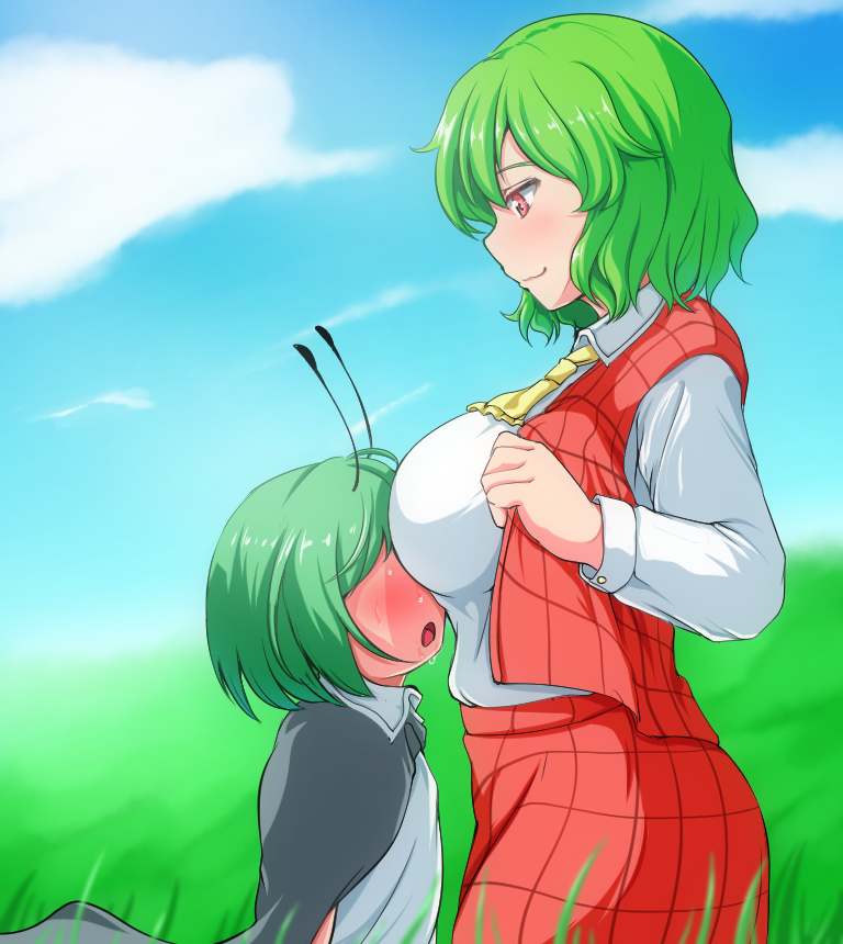 2girls, antennae, ascot, blush, breasts, cape, clouds, full-face_blush