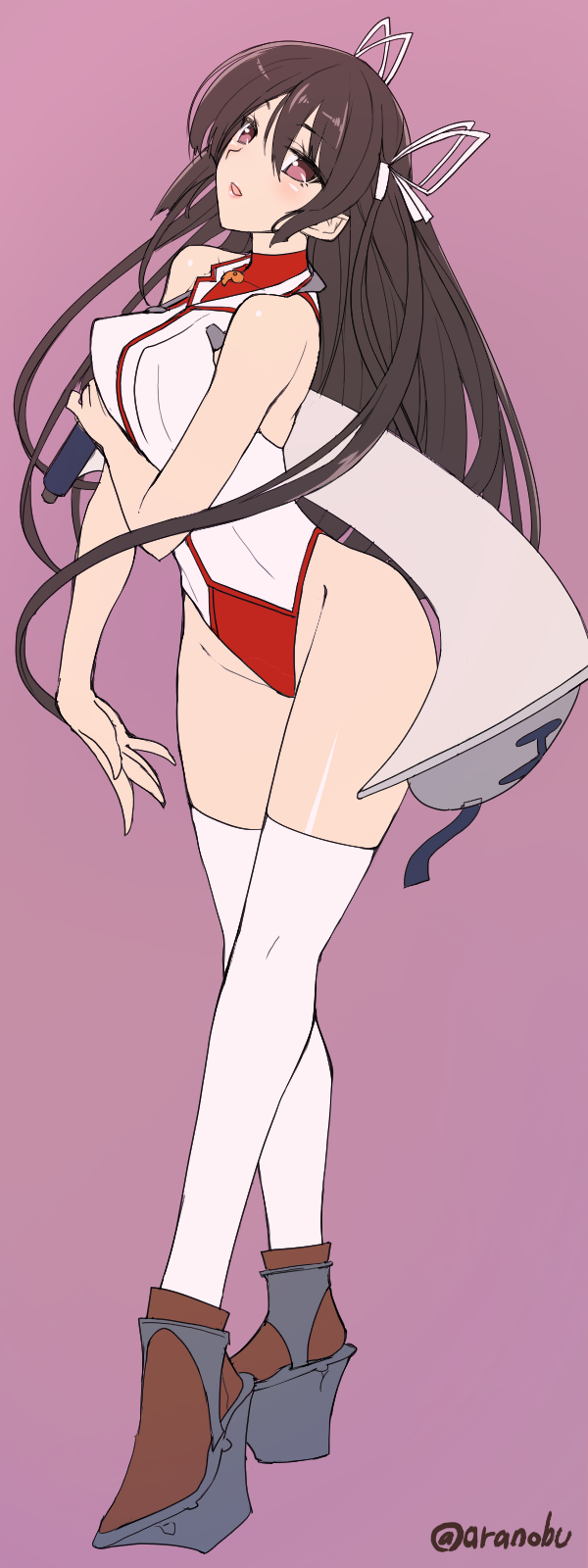 1girl, adapted_costume, bare_shoulders, blush, breasts, brown_eyes, brown_hair, hair_between_eyes