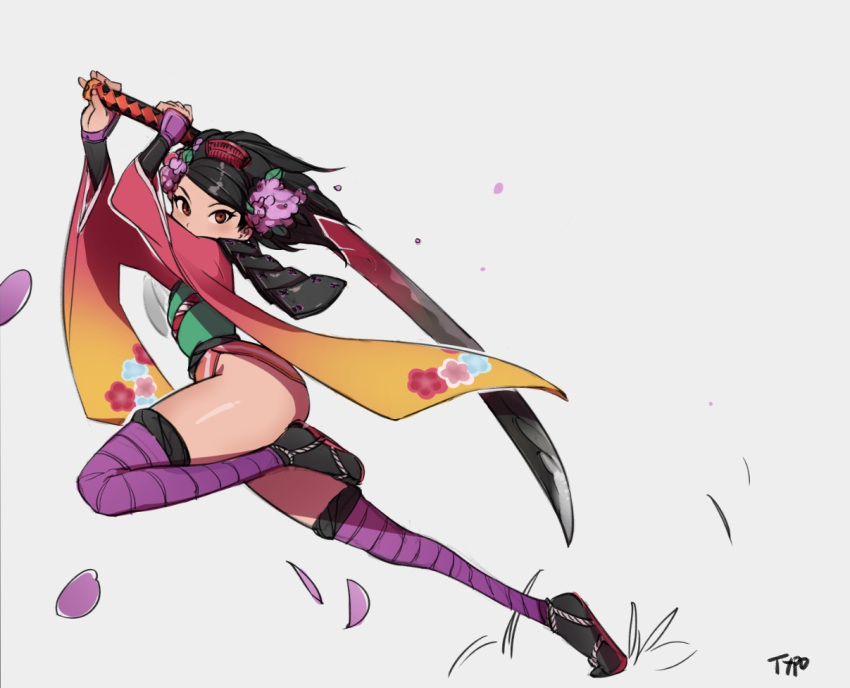 1girl, action, armor, ass, bangs, black_hair, brown_eyes, comb
