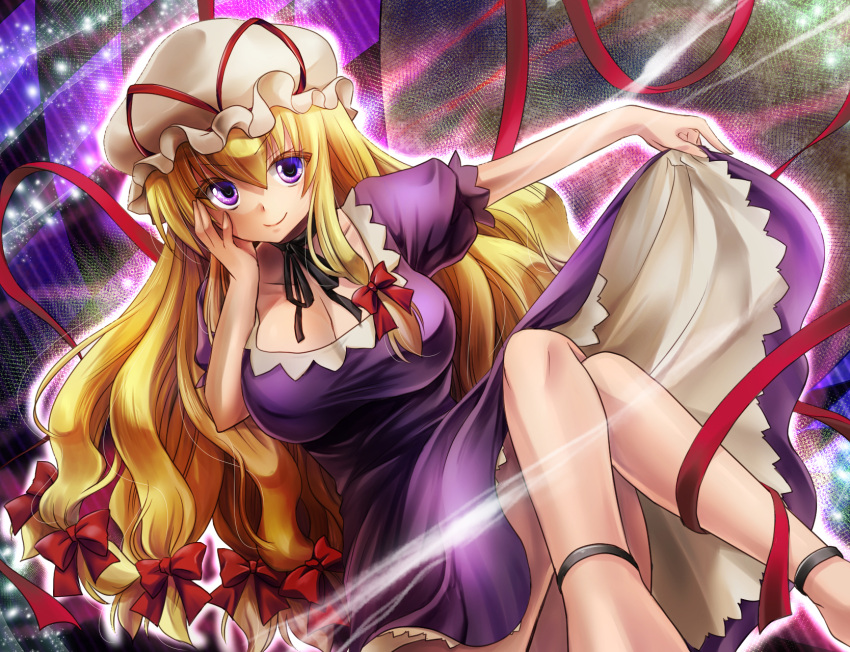 1girl, blonde_hair, breasts, choker, cleavage, dress, dress_lift, hair_ribbon