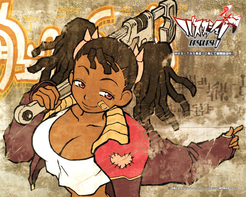 bandaid, basquash!, black_hair, breasts, cleavage, dark_skin, hair_locs, hairlocs