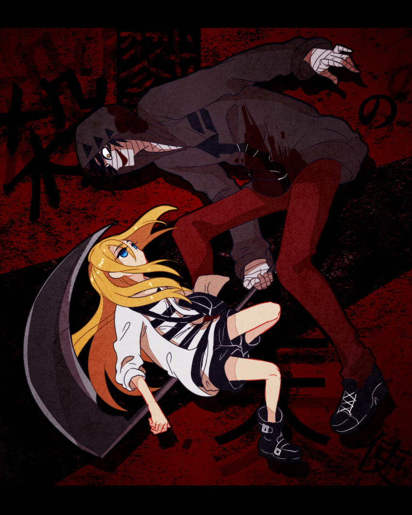 1boy, 1girl, bag, bandaged_hands, bandages, blonde_hair, blood, bloody_clothes