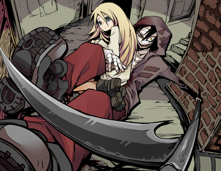 1boy, 1girl, bandaged_hands, bandages, black_hair, blonde_hair, blue_eyes, hood, long_hair, ray_(satsuriku_no_tenshi), satsuriku_no_tenshi, scythe, short_hair, torino_hane, weapon, zack_(satsuriku_no_tenshi)