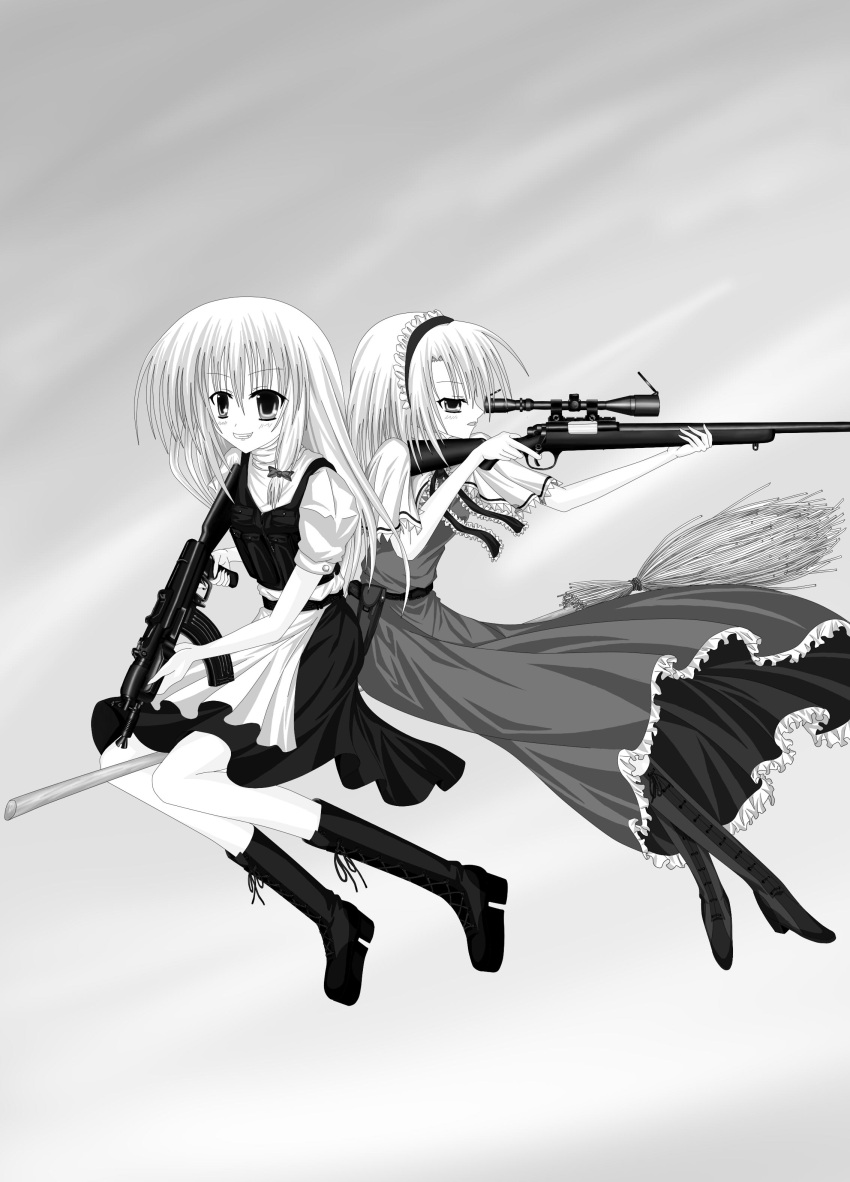 2girls, absurdres, ak-47, alice_margatroid, apron, artist_request, ascot, assault_rifle