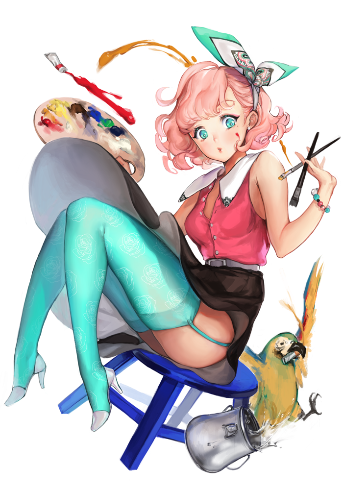 1girl, aqua_eyes, bare_shoulders, bird, blue-and-yellow_macaw, bracelet, earrings, eyelashes
