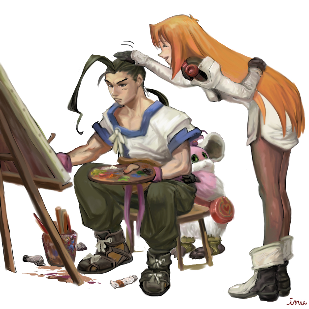 1boy, 2girls, black_hair, canvas_(object), chu_chu_(xenogears), elhaym_van_houten, fei_fong_wong, gloves, inu_riyoushi, long_hair, multiple_girls, orange_hair, paint, painting, palette, pantyhose, petting, ponytail, smile, uniform, very_long_hair, xenogears