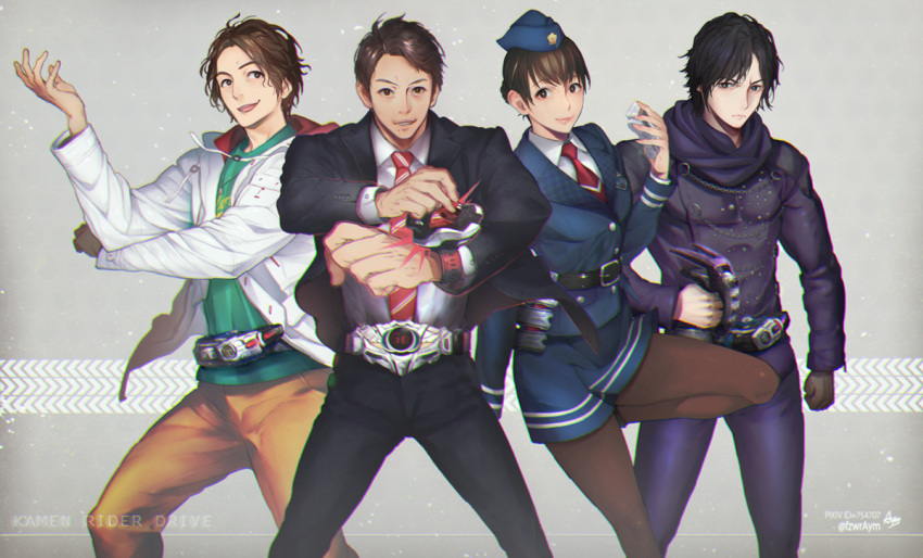 1girl, 3boys, aym, belt, belt-san, black_hair, brown_hair, chase_(kamen_rider_drive)