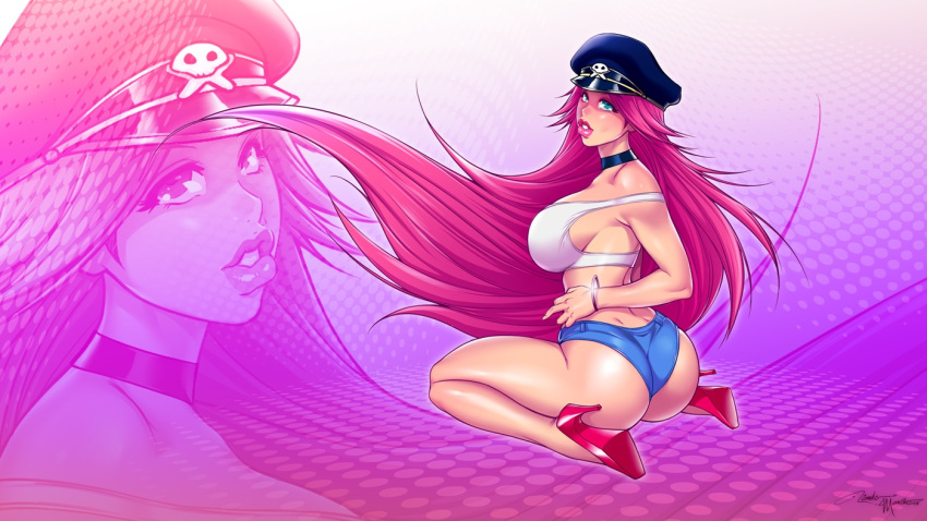 1girl, ass, blue_eyes, breasts, denim, denim_shorts, final_fight, hat