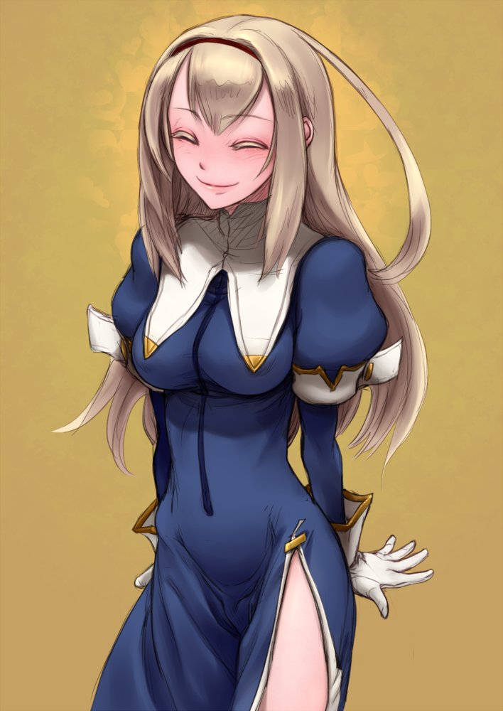 1girl, ahoge, blonde_hair, breasts, closed_eyes, dress, gloves, long_hair, maidensnow_no_youkai_dai-makyou, musen-shiki_sanhankikan, nun, smile, solo, white_gloves