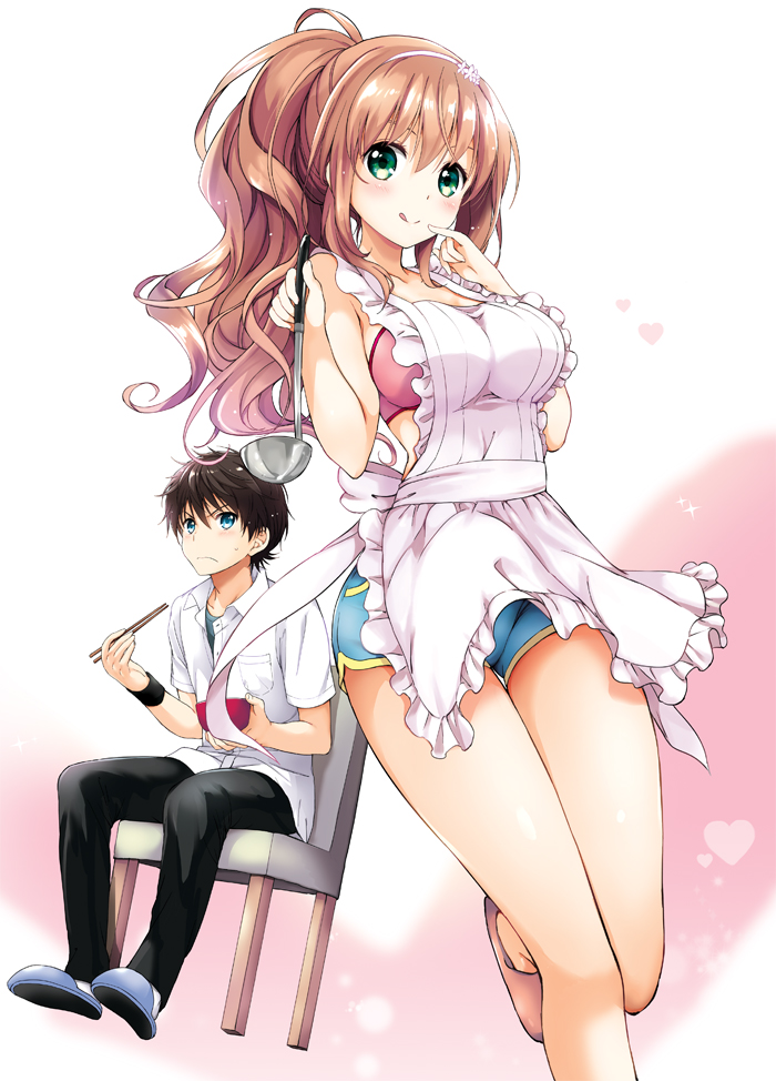 1boy, 1girl, apron, black_hair, blue_eyes, brown_hair, chopsticks, gradient, gradient_background, green_eyes, kurimomo, ladle, long_hair, ore_to_kanojo_no_moeyo_pen, ponytail, short_shorts, shorts, slippers
