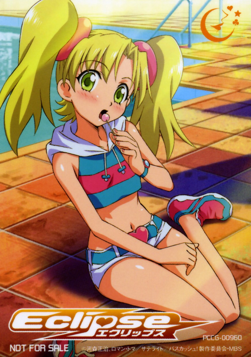 belt, blonde_hair, blush, candy, citron, citron_(basquash), crop_top, flat_chest, green_eyes, highres, hoodie, lollipop, midriff, pool, poolside, shoes, short_shorts, shorts, sitting, sneakers, solo, twintails, wariza, water