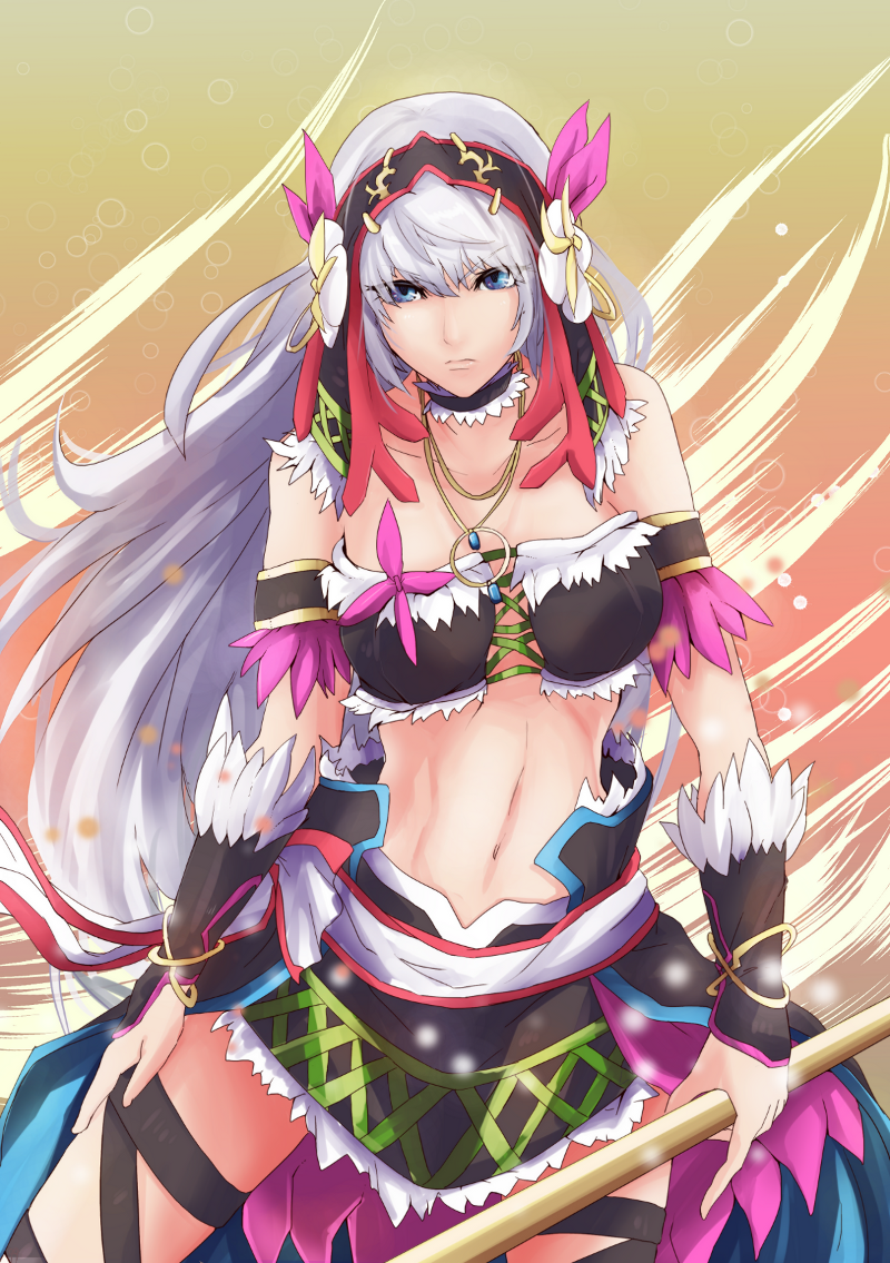 1girl, bare_shoulders, blue_eyes, choker, hair_ornament, hairband, hirome99, jewelry