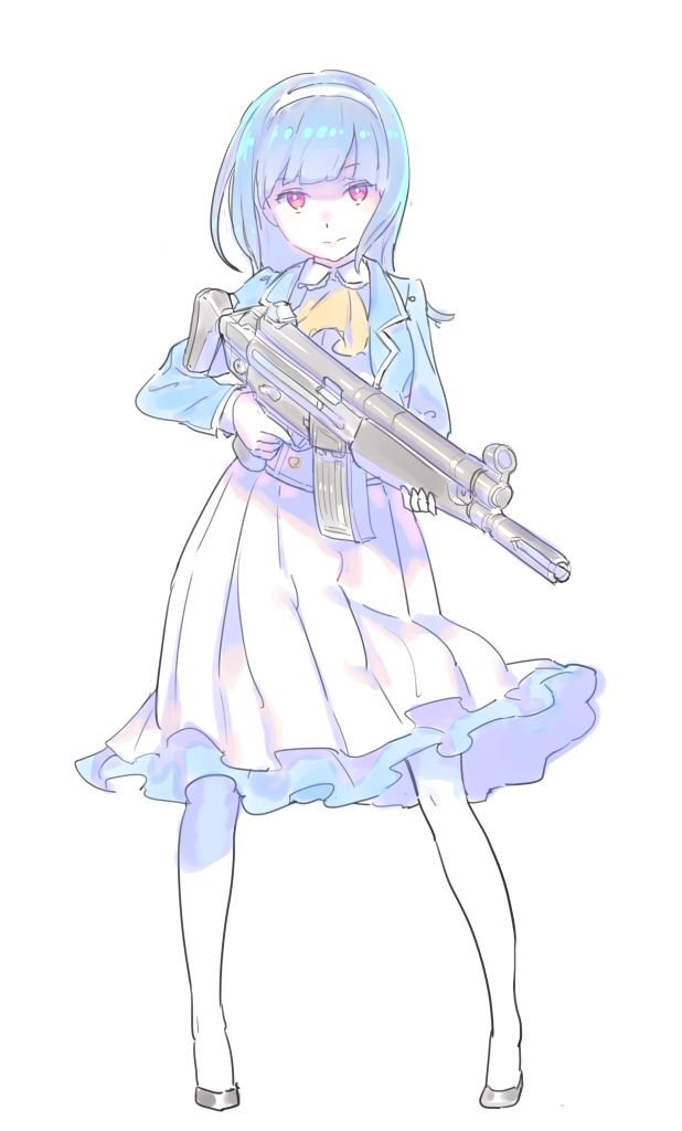 1girl, assault_rifle, blue_hair, full_body, gun, hairband, heckler_&amp;_koch, hk53_(weapon)