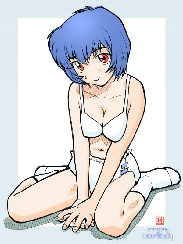 ayanami_rei, blue_hair, bra, breasts, cleavage, diaper, ikurumi_kaoru, kaoru