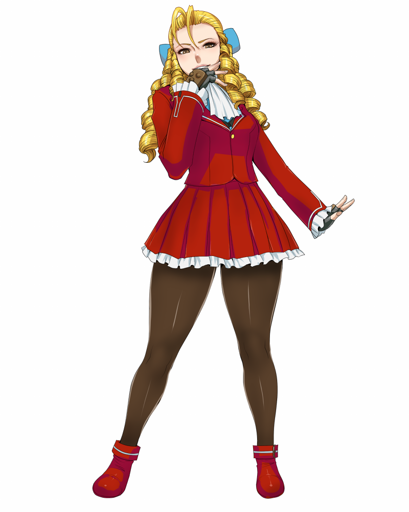 1girl, blonde_hair, breasts, brown_eyes, cravat, curly_hair, fingerless_gloves, gloves