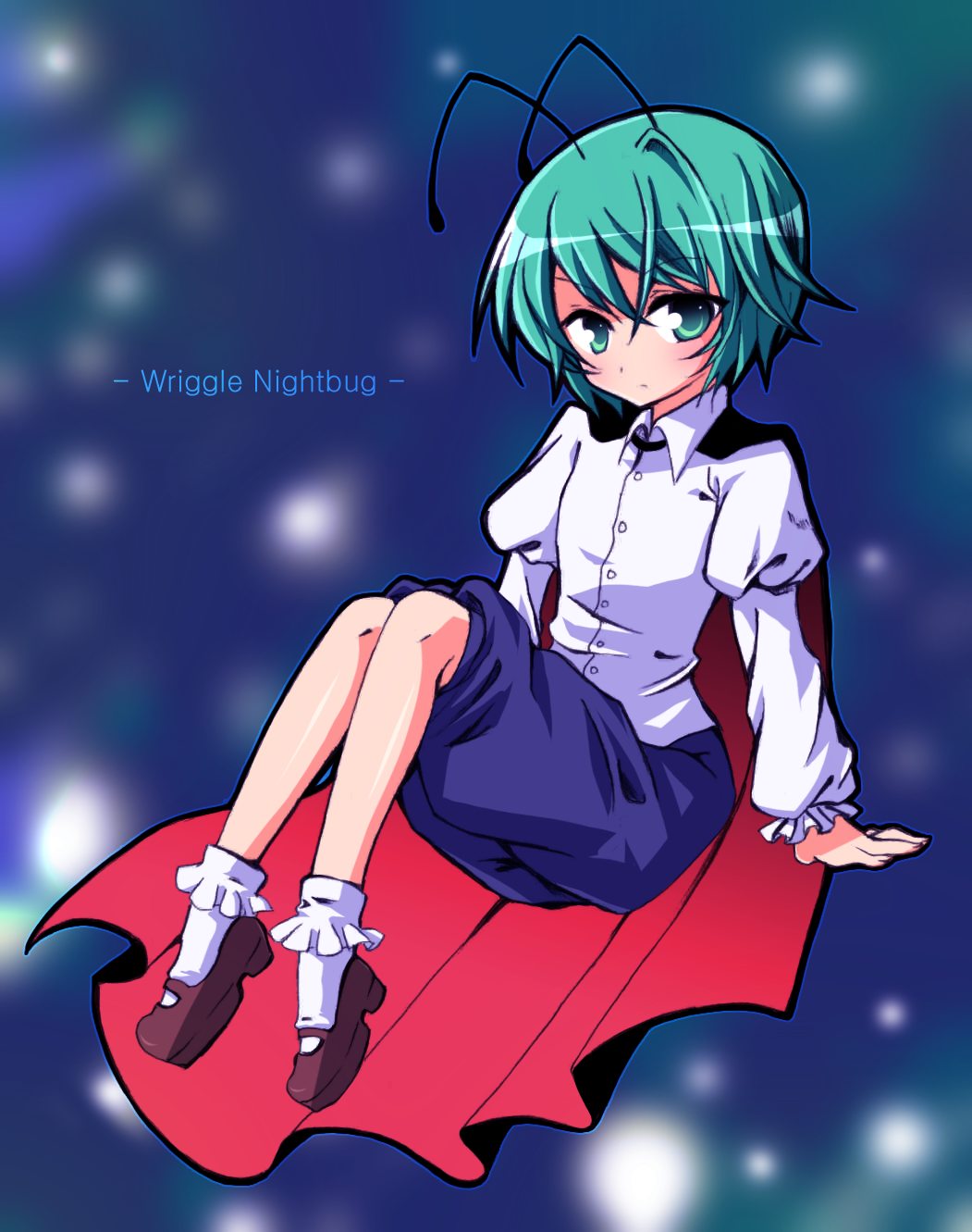 antenna, cape, character_name, green_eyes, green_hair, hidaka_makoto, highres, mary_janes