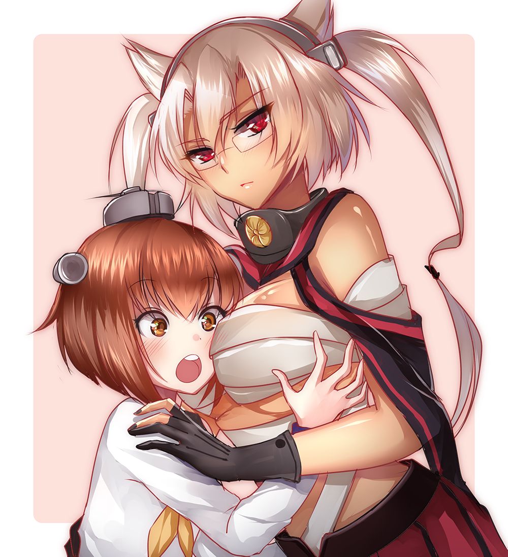 2girls, black_fingernails, blonde_hair, blush, breast_awe, breast_smother, breasts, brown_eyes
