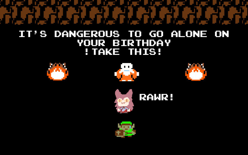 8-bit, cave, classic_game, ferancisco, happy_birthday, highres, imaizumi_kagerou, link, melty_blood, nekoarc, nekoarc_kagerou, old_man, rawr_(guuchama), the_legend_of_zelda, touhou, tsukihime