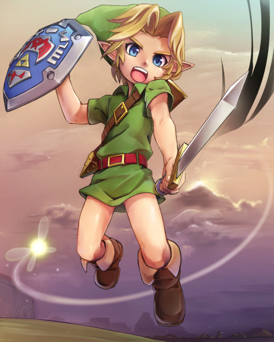 1boy, blonde_hair, blue_eyes, boots, fairy, hat, link, nanjin