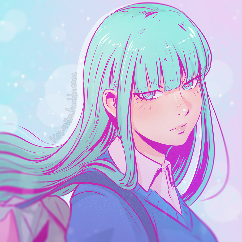 1girl, aqua_eyes, aqua_hair, bangs, clockwork-cadaver, girl_(anime_expo), kami-sama_(girl), long_hair, solo, sweater, upper_body, watermark
