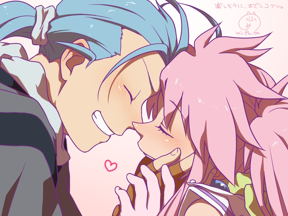1boy, 1girl, arche_klein, blue_hair, chester_barklight, closed_eyes, couple, forehead-to-forehead